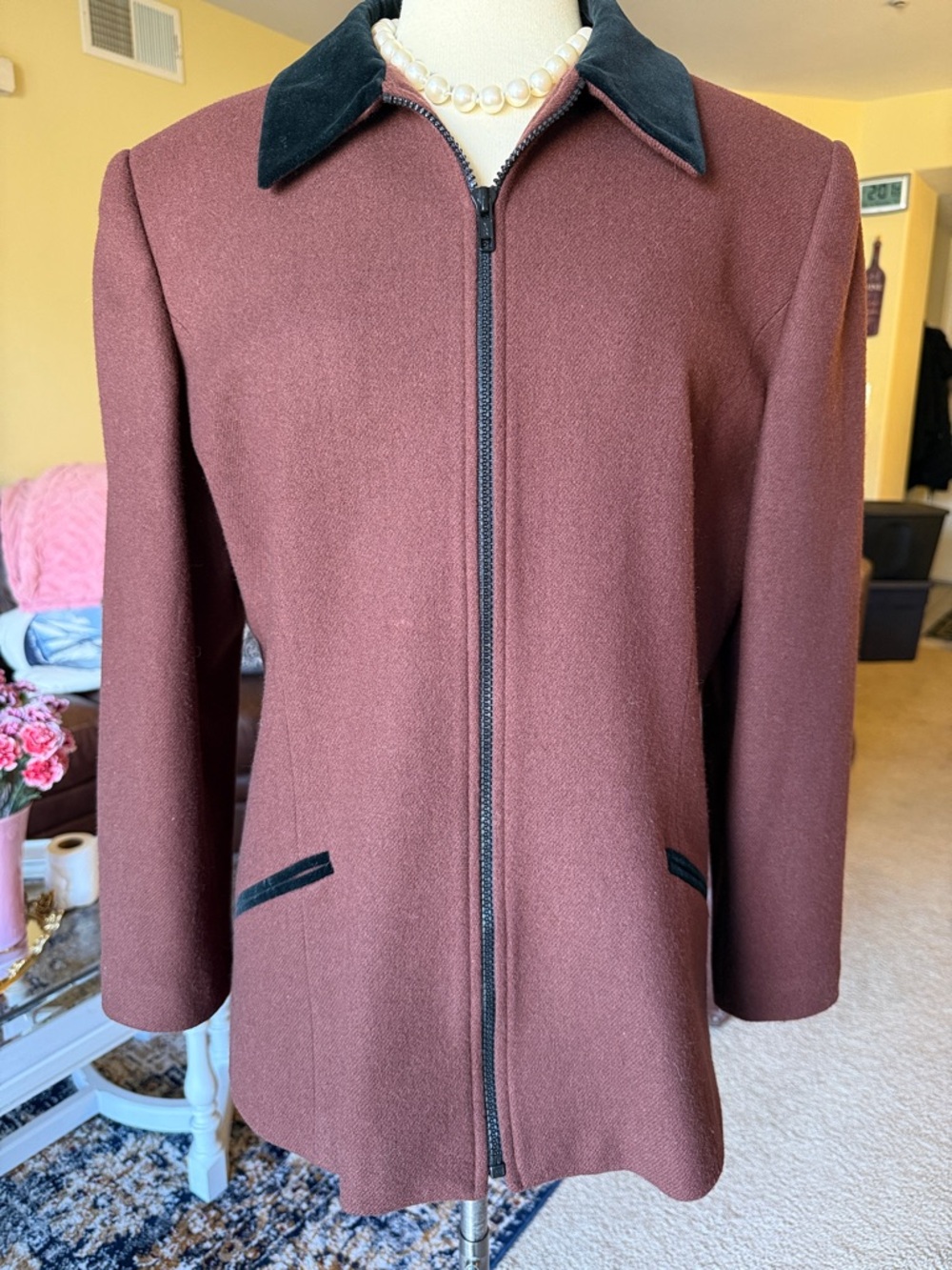 Urban Wool Merino Collection Brown Zip-Front Pea Coat with Black Velvet Collar